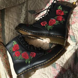 Dr. Martens Black Lace-Up Combat Boots with Red Rose Embroidery